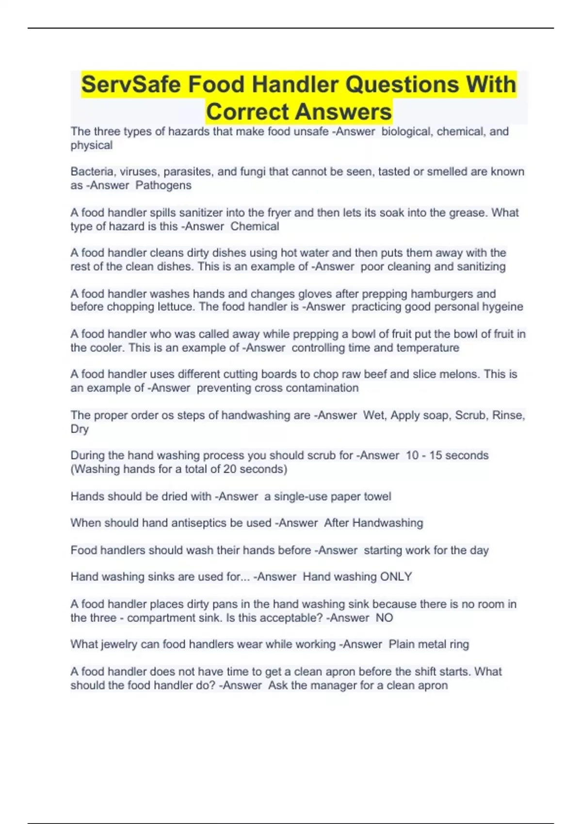 ServSafe Food Handler Questions With Correct Answers ServSafe Food