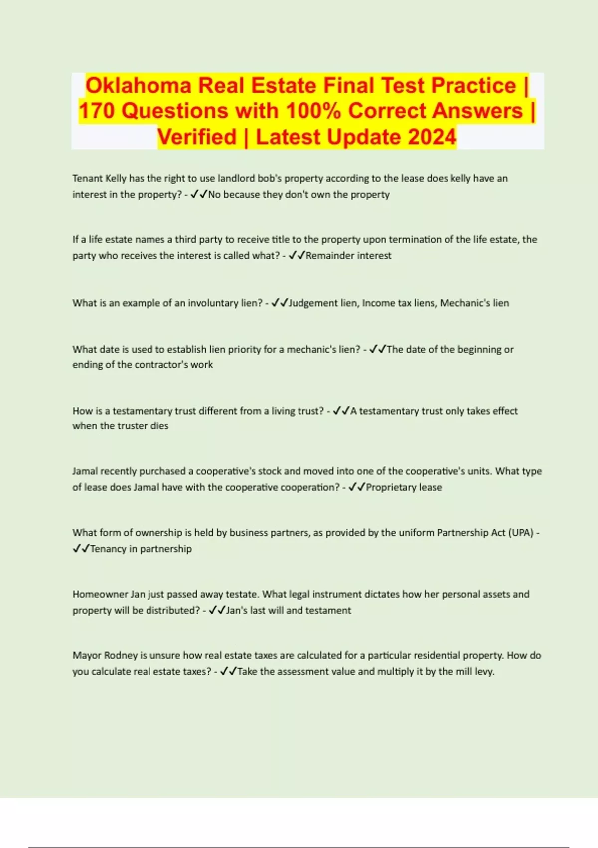 Oklahoma Real Estate Final Test Practice 170 Questions with 100