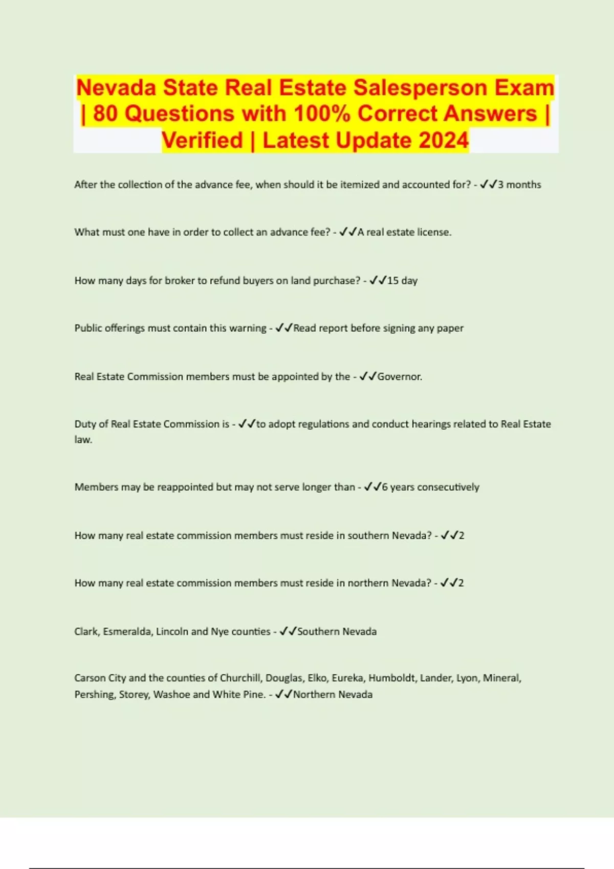 Nevada State Real Estate Salesperson Exam 80 Questions with 100