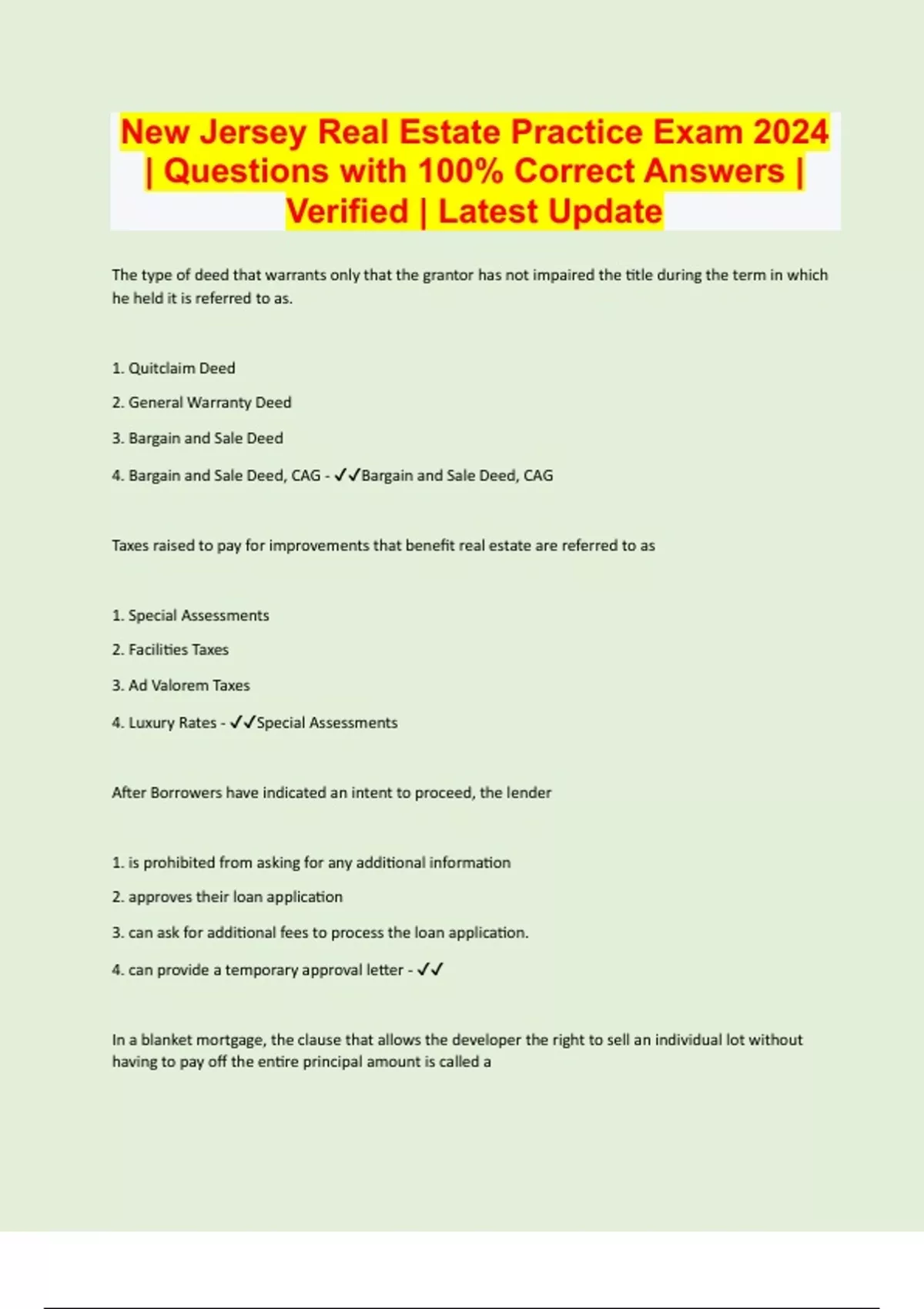 New Jersey Real Estate Practice Exam 2024 Questions with 100 Correct