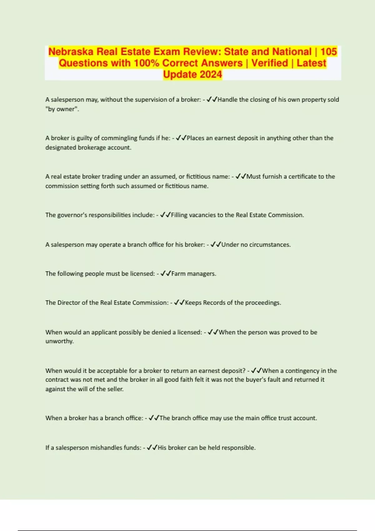 Nebraska Real Estate Exam Review State and National 105 Questions