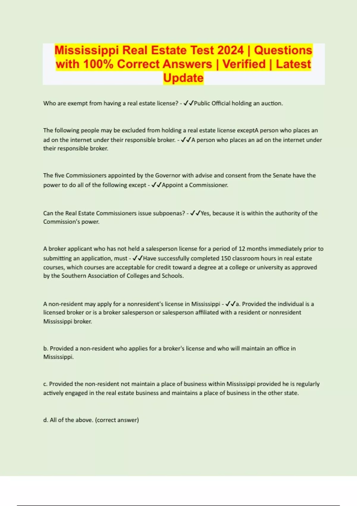 Mississippi Real Estate Test 2024 Questions with 100 Correct Answers