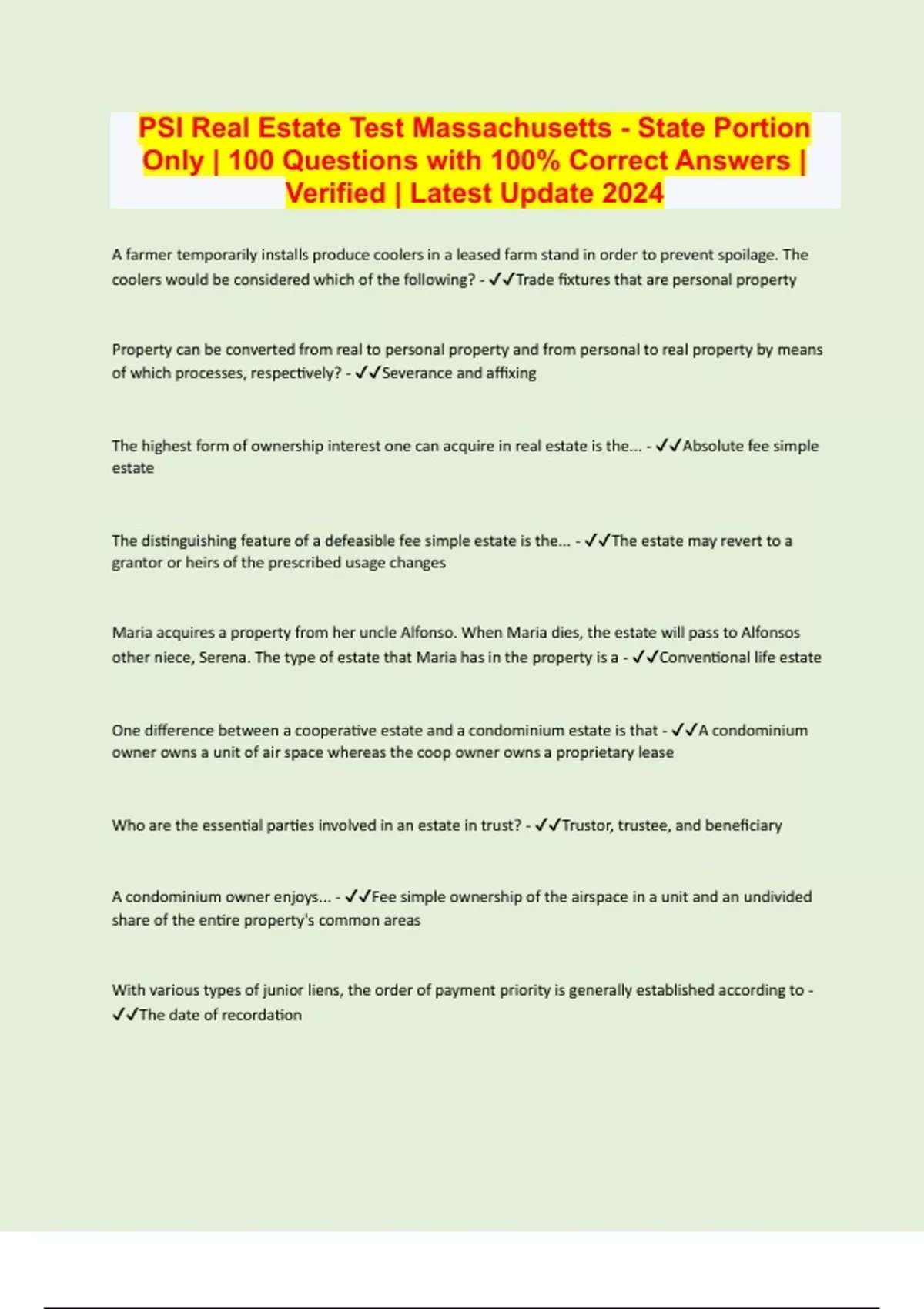 PSI Real Estate Test Massachusetts State Portion Only 100 Questions