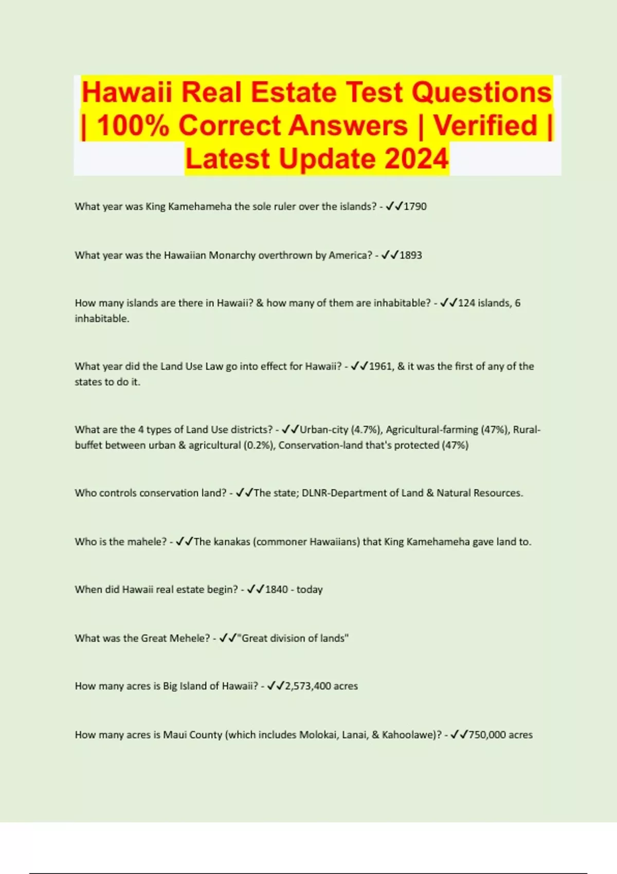 Hawaii Real Estate Test Questions 100 Correct Answers Verified