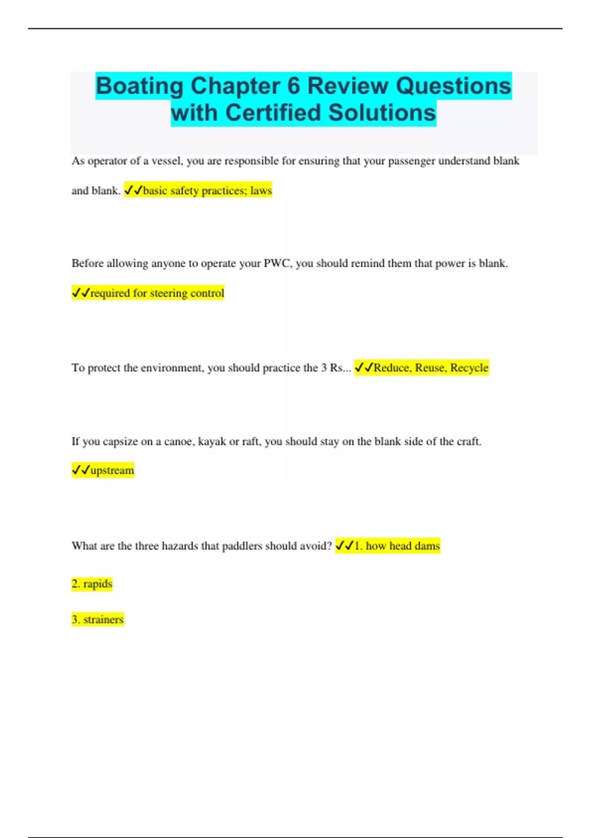 Boating Chapter 6 Review Questions with Certified Solutions Boating Stuvia US