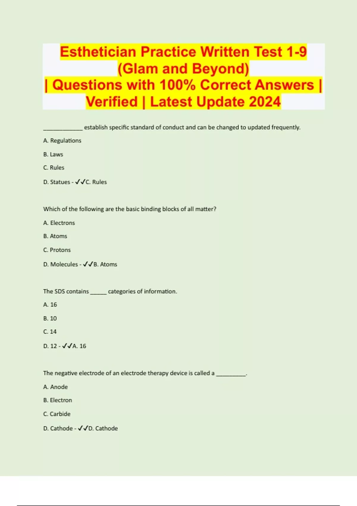 Esthetician Practice Written Test 1-9 (Glam and Beyond) | Questions ...
