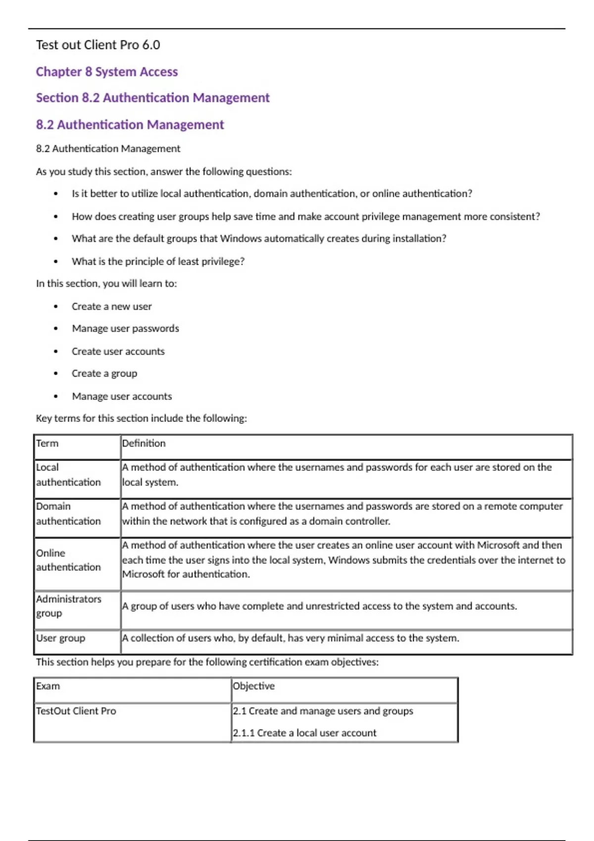 Test out Client Pro 6.0 Chapter 8 System Access Section 8.2