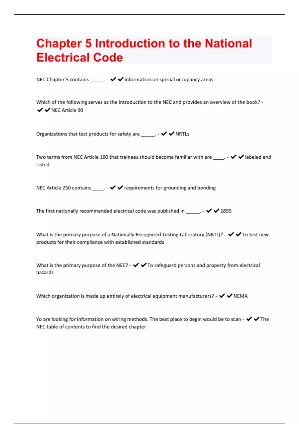 Chapter 5 Introduction to the National Electrical Code Questions With