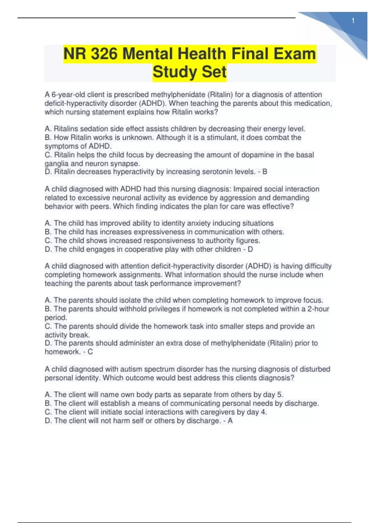 NR 326 Mental Health Final Exam Study Set Complete solution graded A+ ...