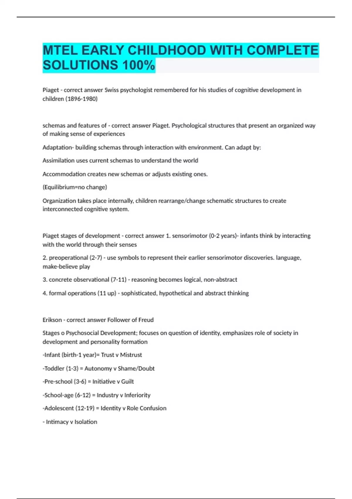 MTEL EARLY CHILDHOOD WITH COMPLETE SOLUTIONS 100 Stuvia US