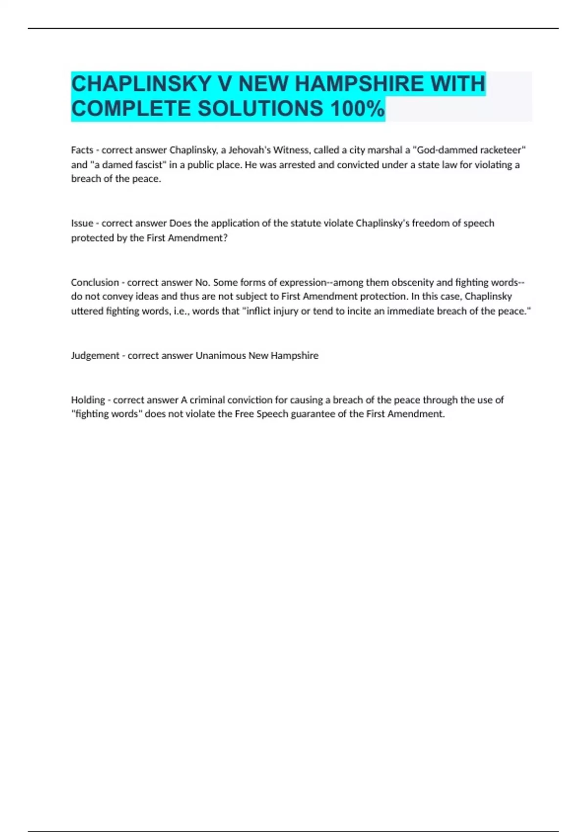 CHAPLINSKY V NEW HAMPSHIRE WITH COMPLETE SOLUTIONS 100 Stuvia US