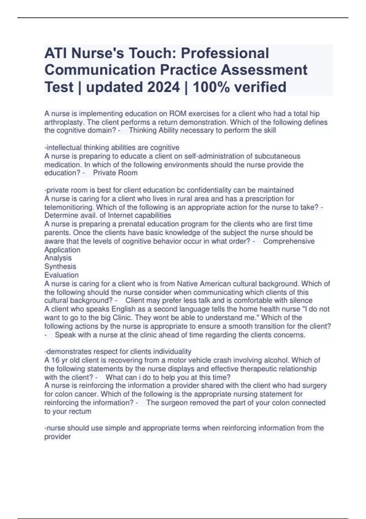 ATI Nurse's Touch Professional Communication Practice Assessment Test