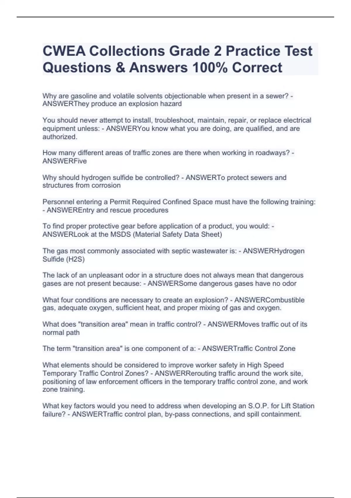 CWEA Collections Grade 2 Practice Test Questions & Answers 100% Correct ...