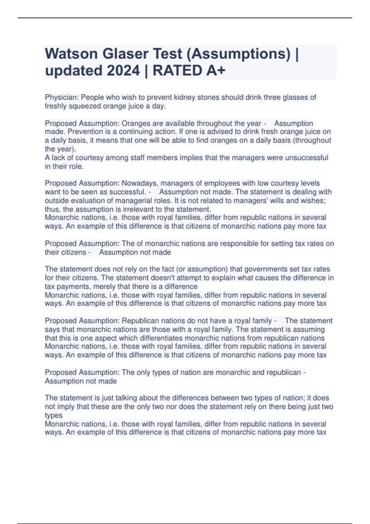 Watson Glaser Test (Assumptions) updated 2024 RATED A+ Watson