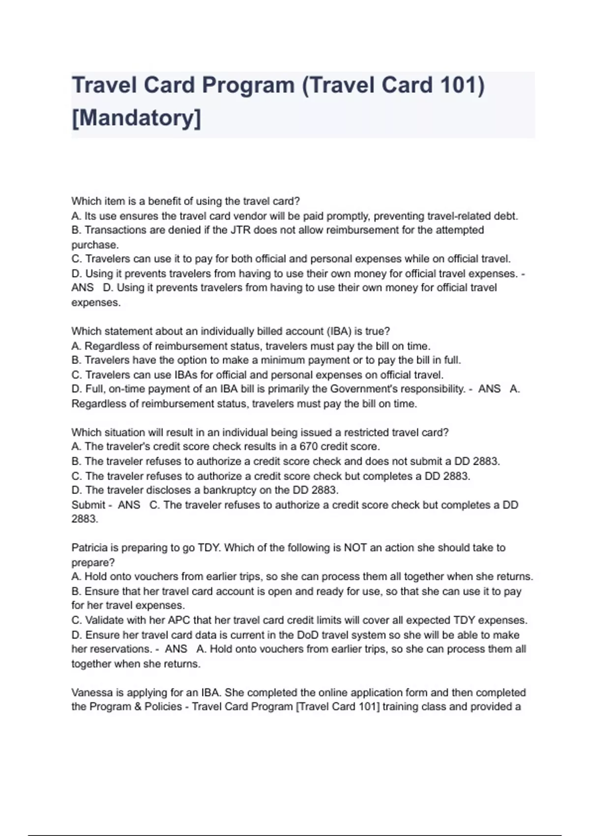 Travel Card Program (Travel Card 101) [Mandatory] Exam Questions And Answers Government Travel