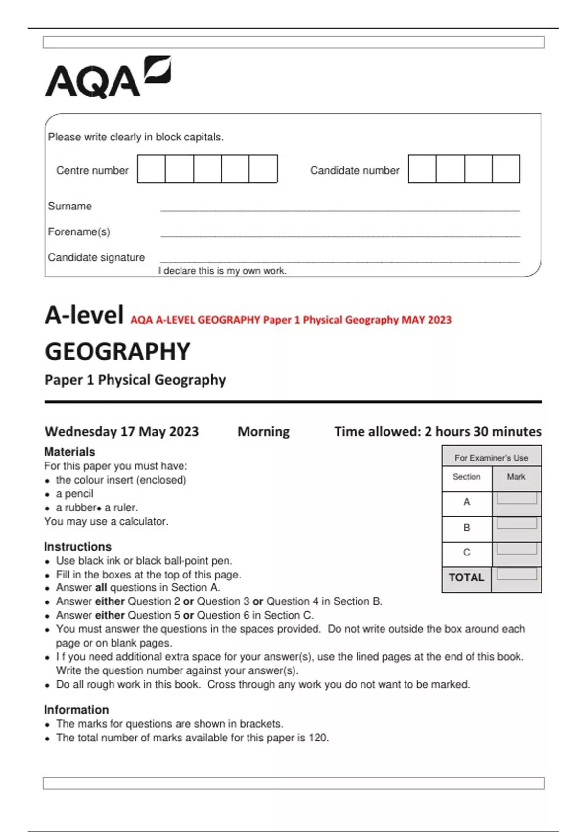 AQA ALEVEL GEOGRAPHY Paper 1 Physical Geography MAY 2023 AQA ALEVEL