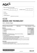 AQA  GCSE DESIGN AND TECHNOLOGY Unit 1 Written Paper  Monday 19 June 2023