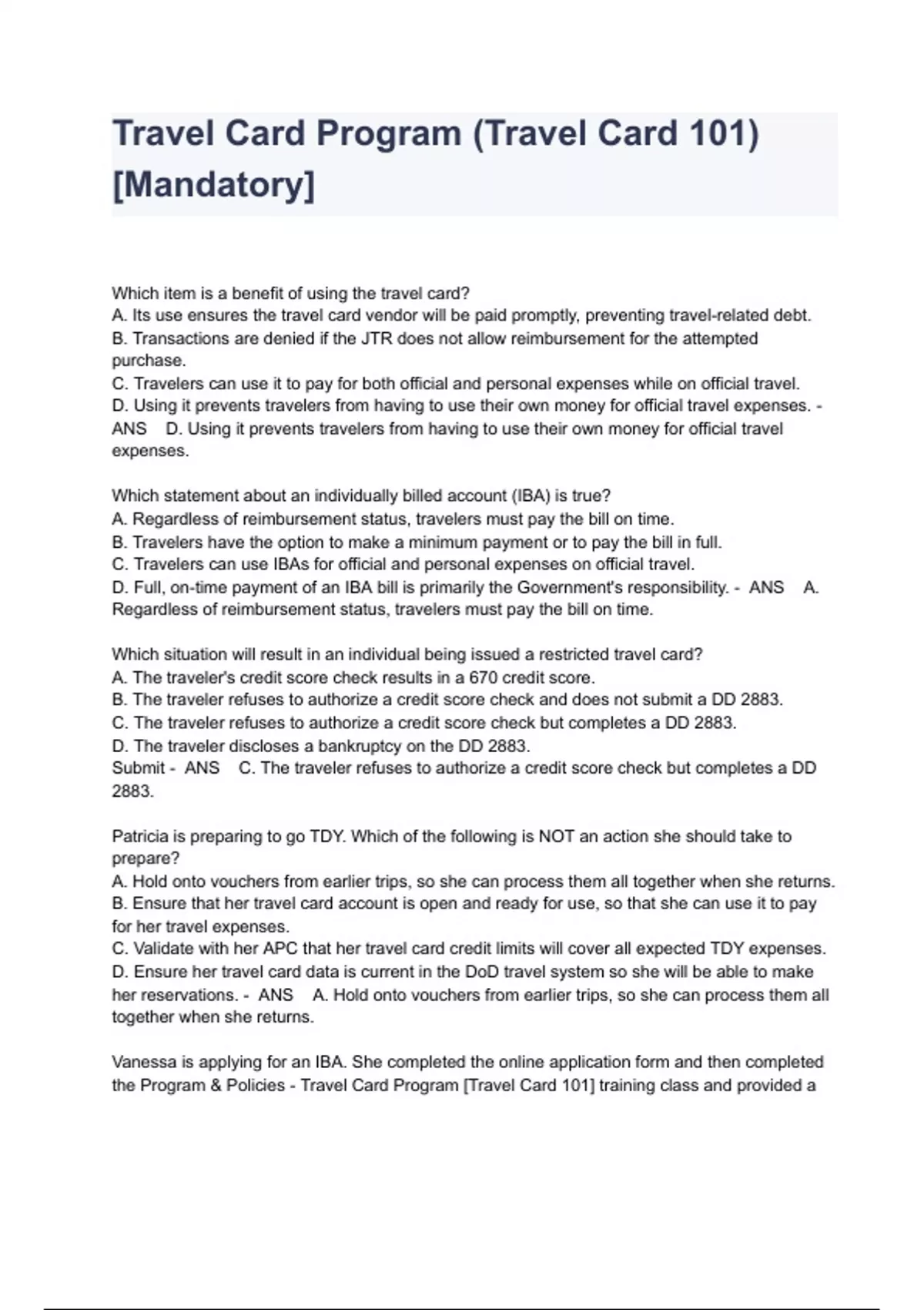 Travel Card Program (Travel Card 101) [Mandatory] Exam Questions And