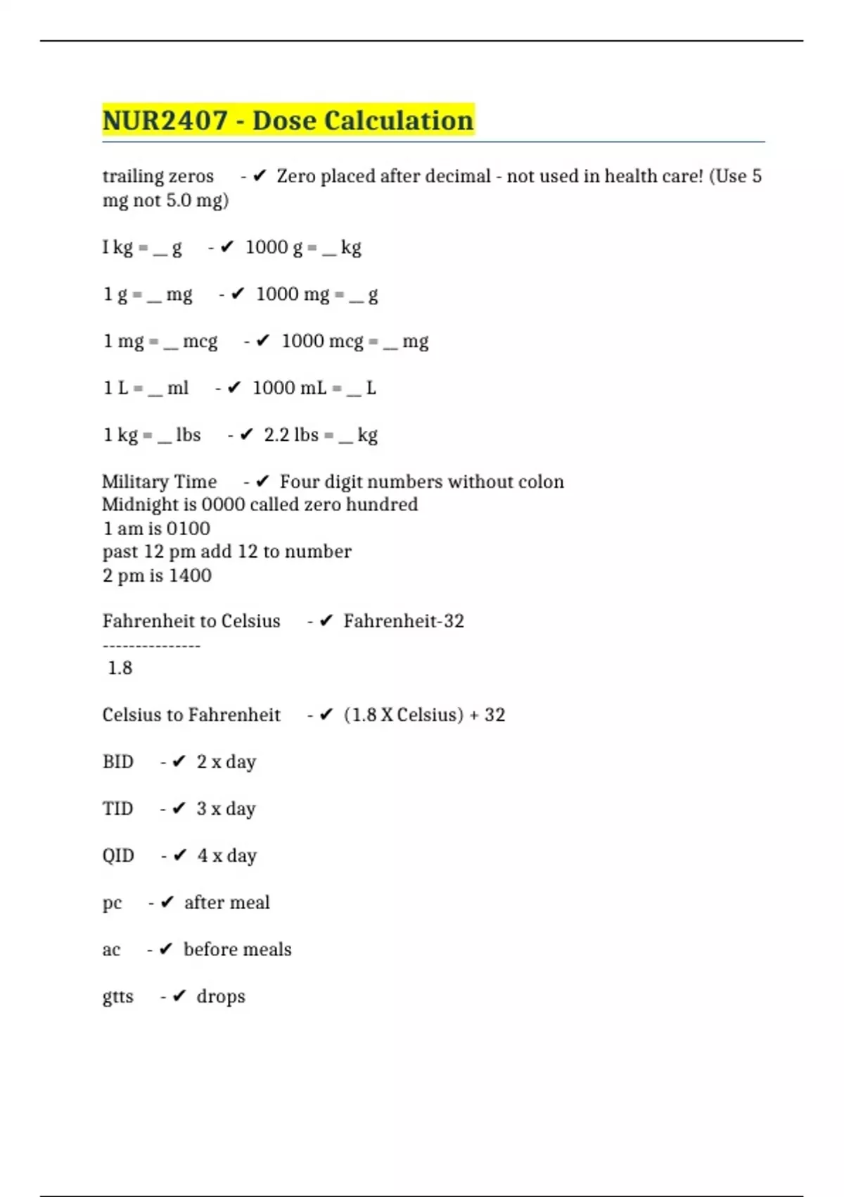 NUR2407 - Dose Calculation - NUR2407 - Stuvia US