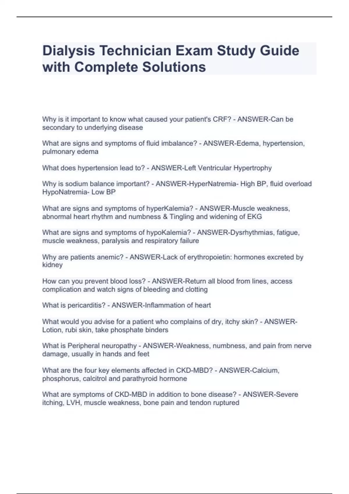 Dialysis Technician Exam Study Guide with Complete Solutions Dialysis