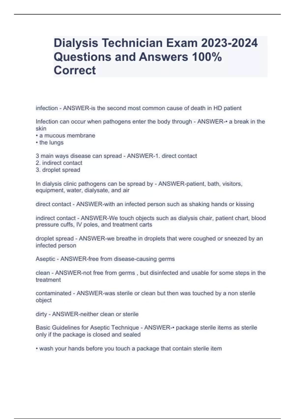 Dialysis Technician Exam Questions and Answers 100 Correct Dialysis