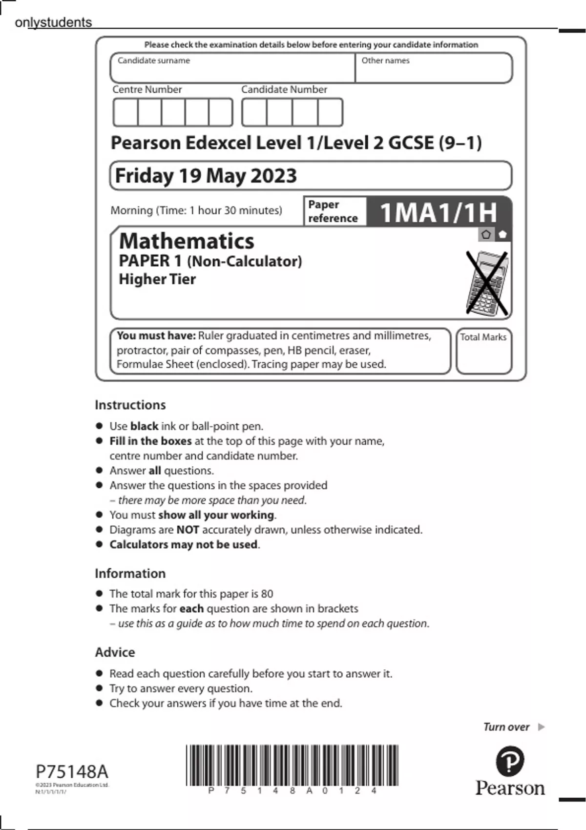 Pearson Edexcel Level 1/Level 2 GCSE (9–1) Friday 19 May 2023 Morning ...