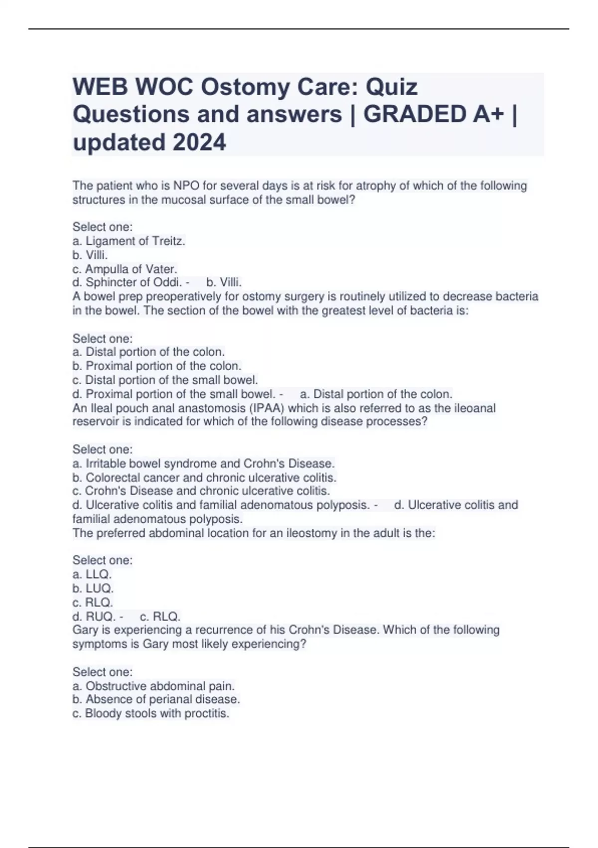 WEB WOC Ostomy Care Quiz Questions and answers GRADED A+ updated