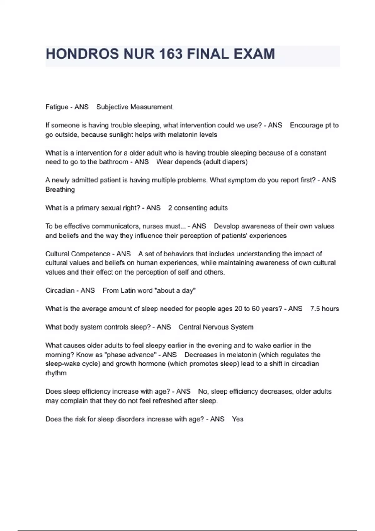 HONDROS NUR 163 FINAL EXAM QUESTIONS AND ANSWERS - NUR 163 - Stuvia US