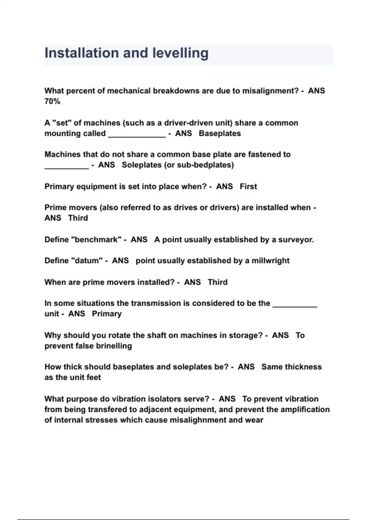 Millwright Installation and levelling QUESTIONS & ANSWERS 2023 ( A+ GRADED 100 VERIFIED