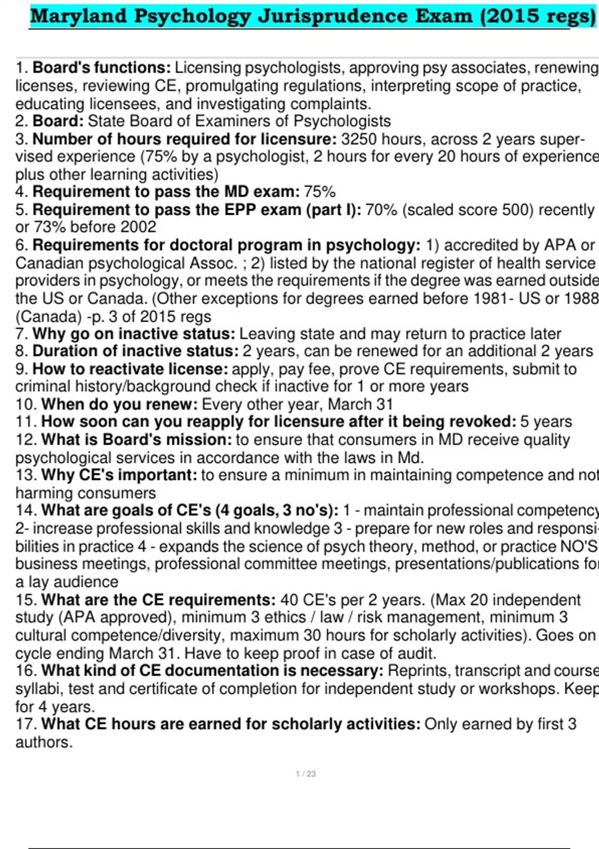 Maryland Psychology Jurisprudence Exam (2015 regs) Stuvia US