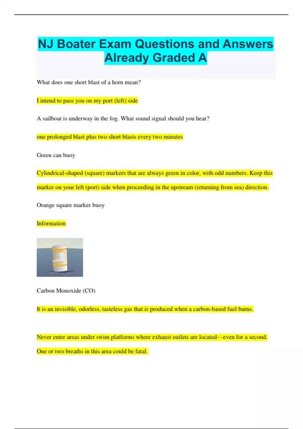 NJ Boater Exam Questions and Answers Already Graded A NJ Boater