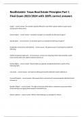 RealEstateU&colon; Texas Real Estate Principles Part 1 Final Exam 2023&sol;2024 with 100&percnt; correct answers