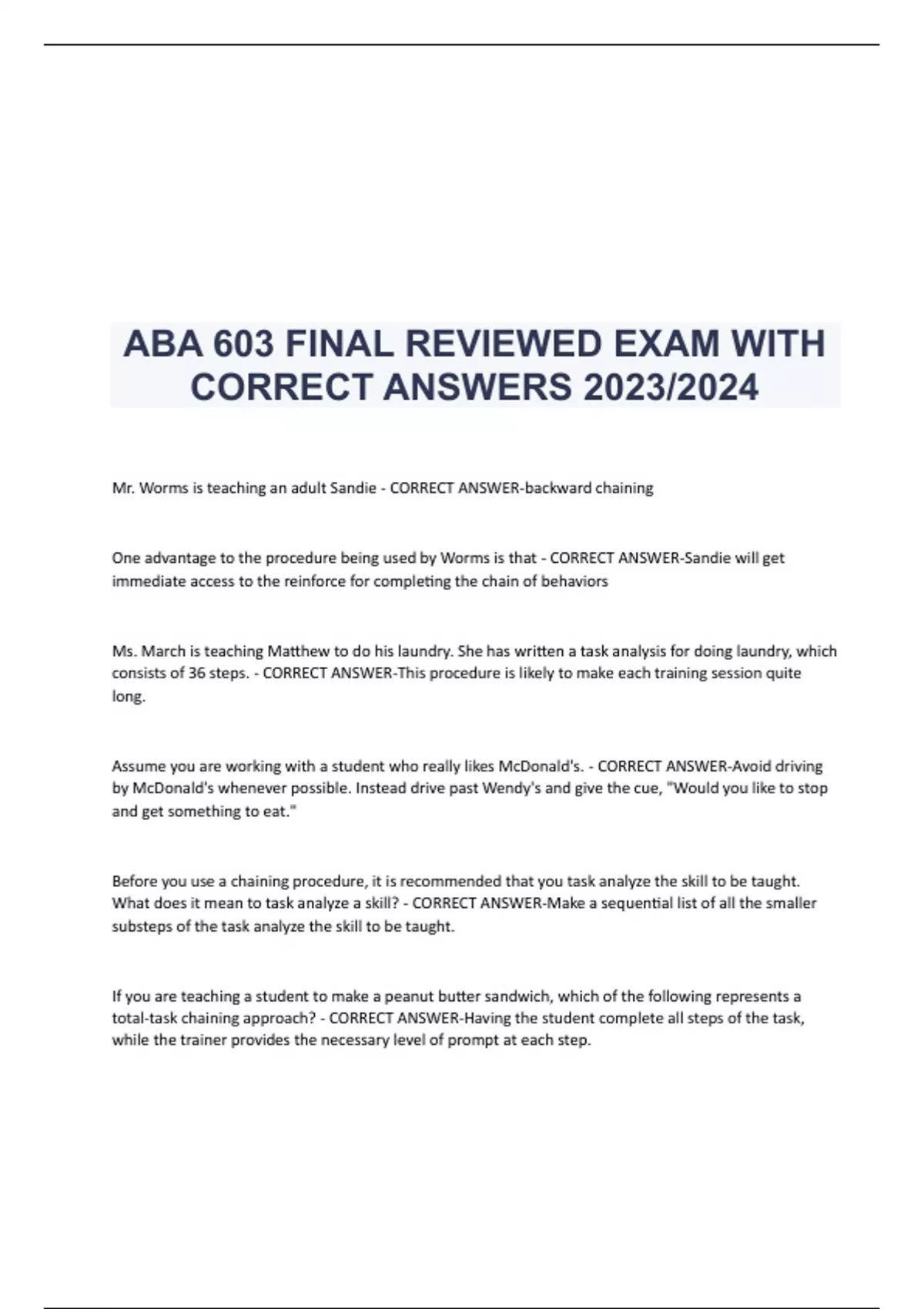 ABA 603 FINAL REVIEWED EXAM WITH CORRECT ANSWERS 2023/2024 - ABA 603 - Stuvia US