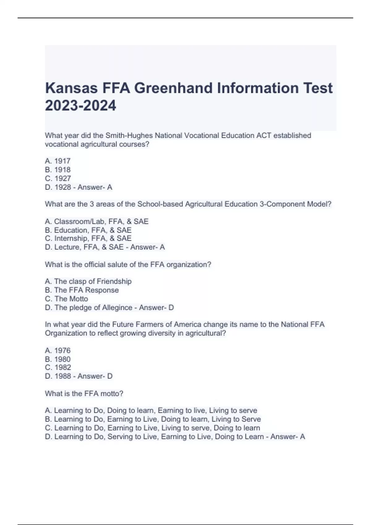 Kansas FFA Greenhand Information Test Questions with correct Answers
