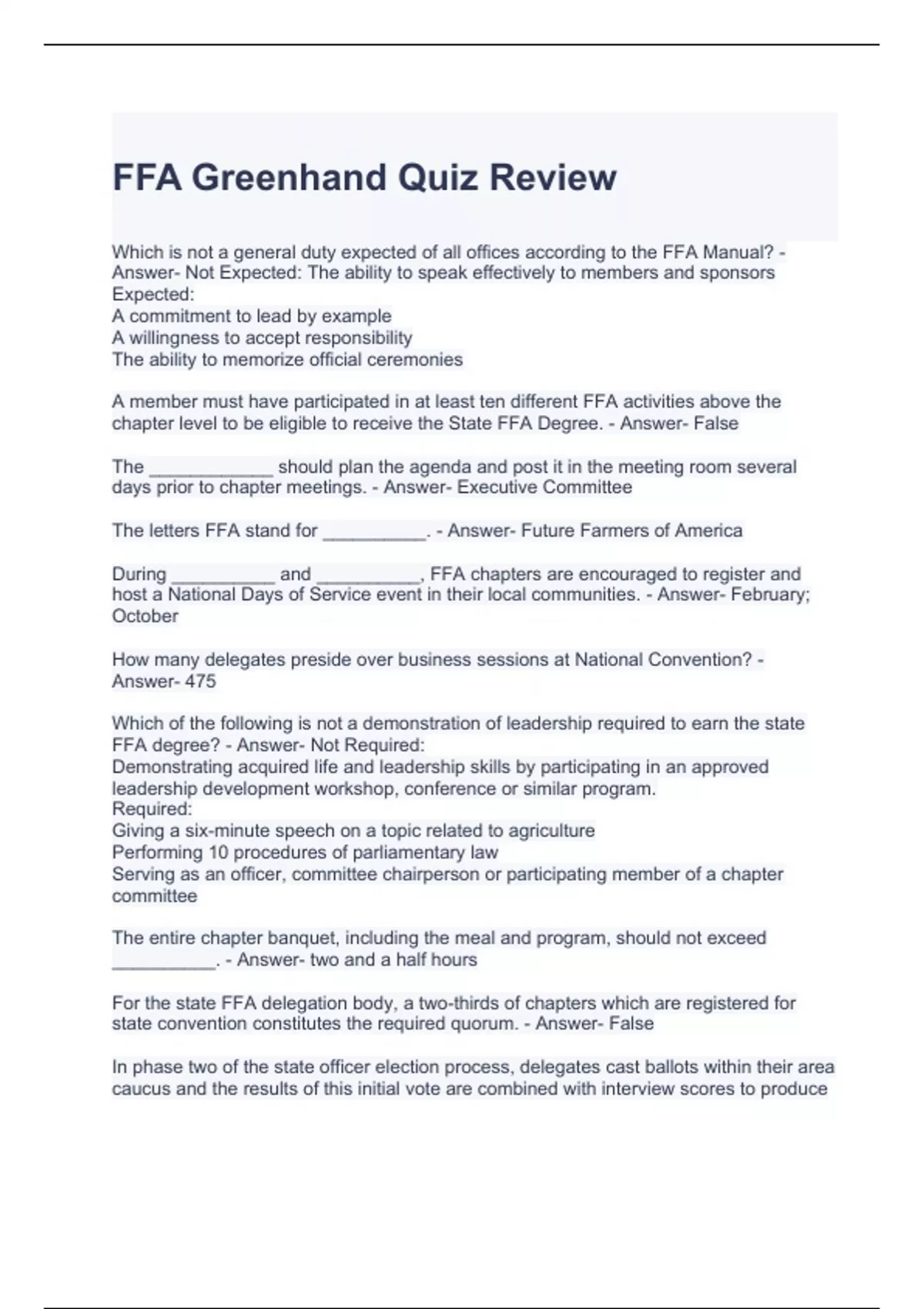 FFA Greenhand Quiz Review 2023/2024 with complete solutions Stuvia US