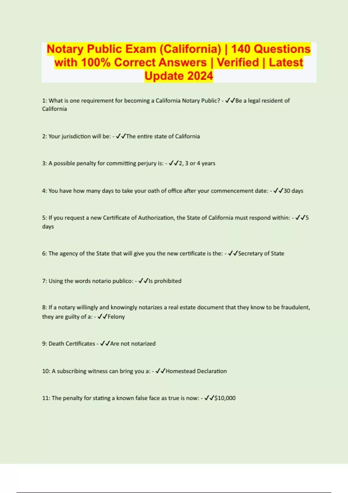 Notary Public Exam (California) 140 Questions with 100 Correct