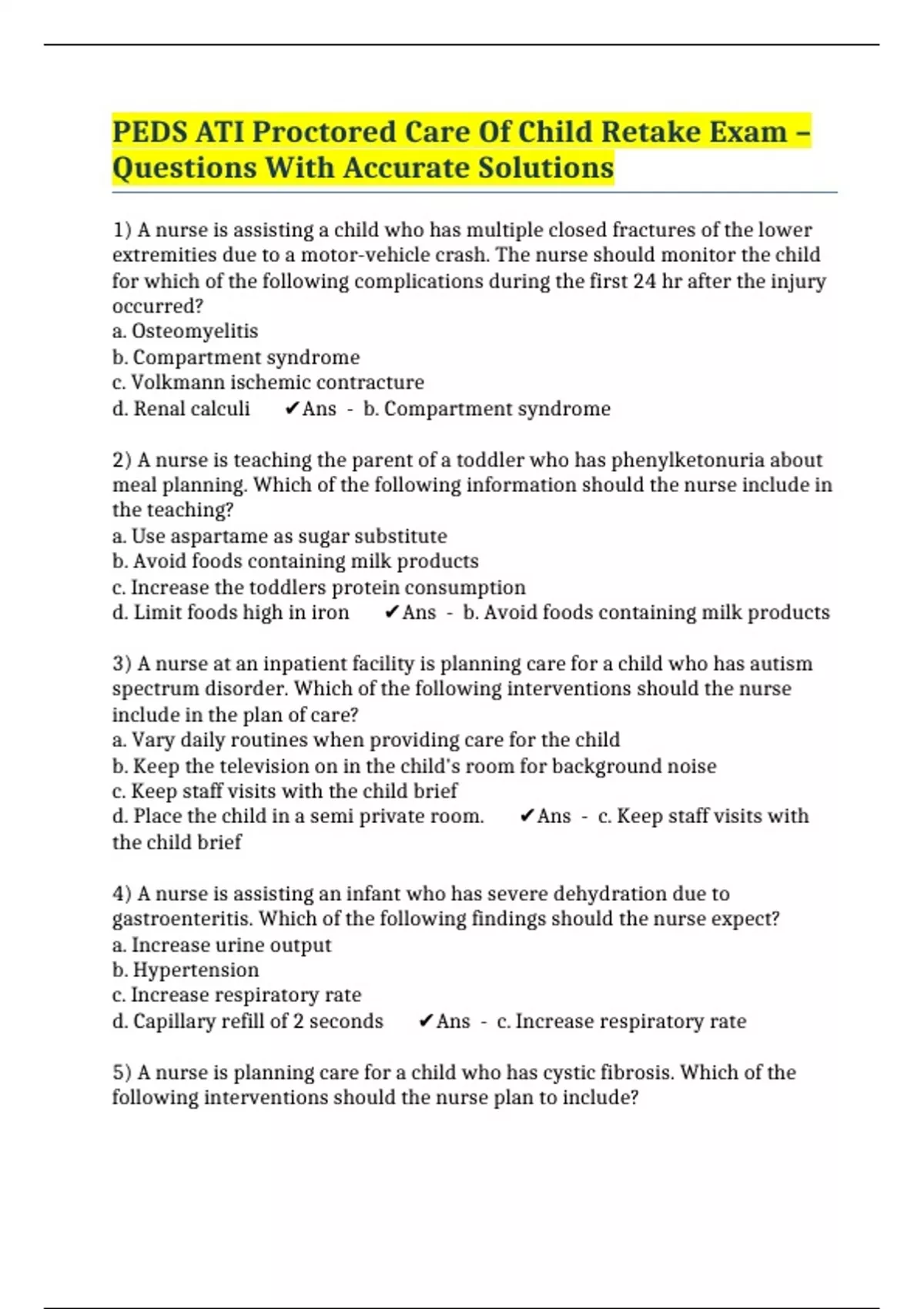 PEDS ATI Proctored Care Of Child Retake Exam – Questions With Accurate ...