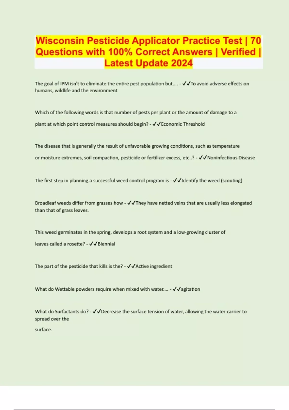 Wisconsin Pesticide Applicator Practice Test 70 Questions with 100