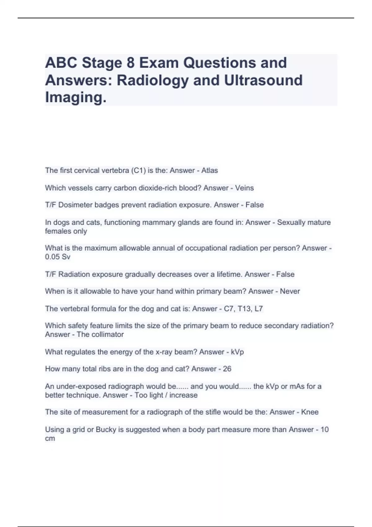 Abc Radiografhy ABC Stage 8 Exam Questions and Answers: Radiology and Ultrasound ...
