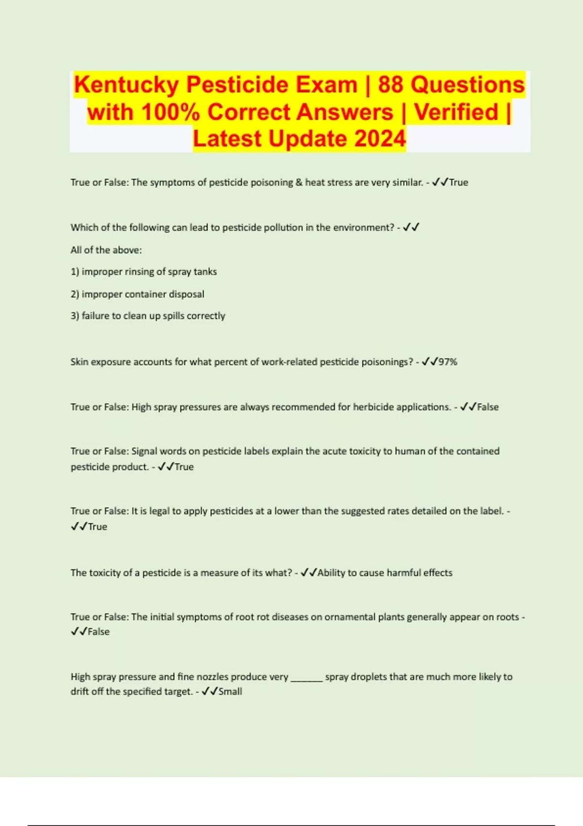 Kentucky Pesticide Exam 88 Questions with 100 Correct Answers