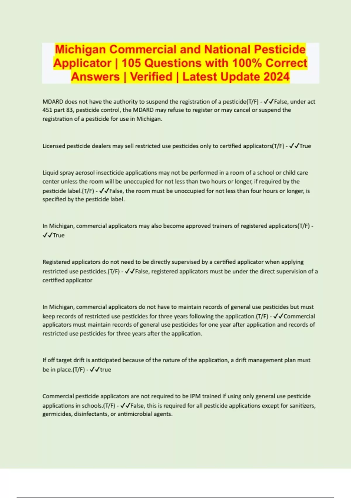 Michigan Commercial and National Pesticide Applicator 105 Questions