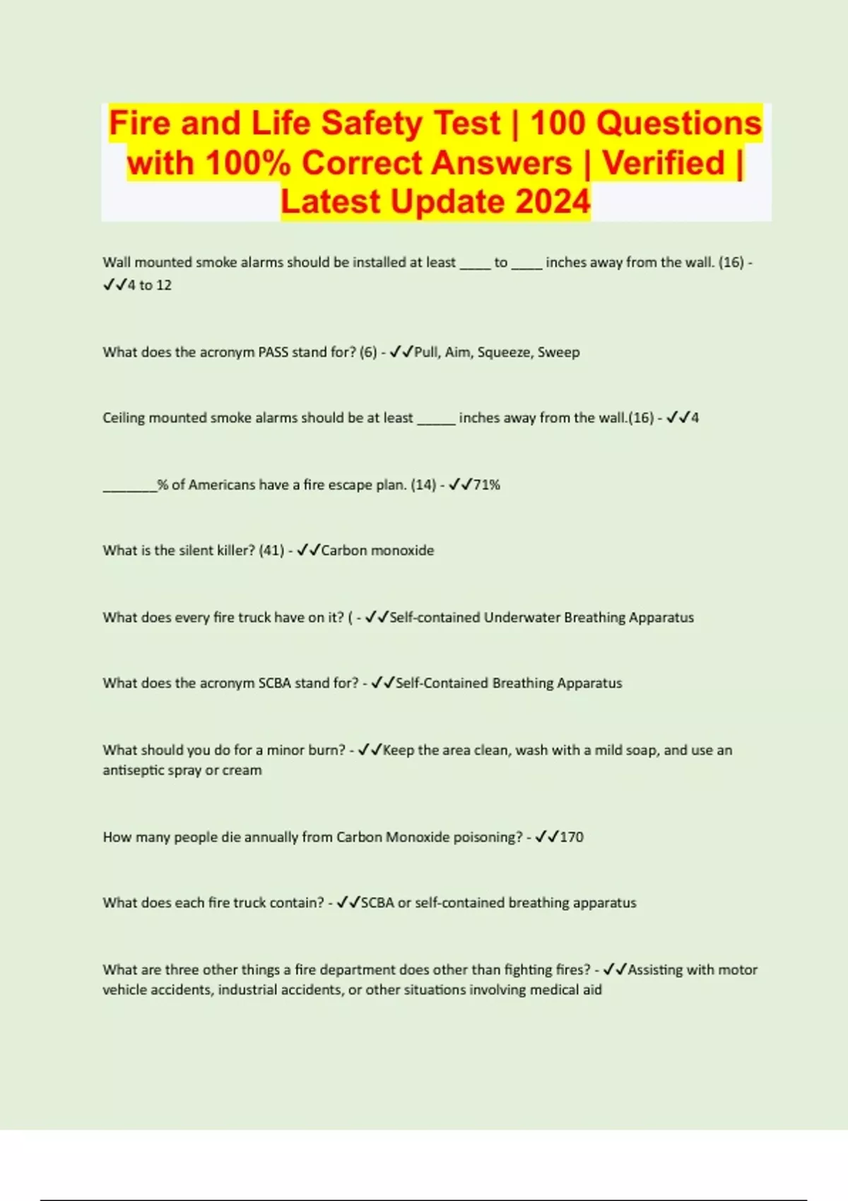 Fire and Life Safety Test 100 Questions with 100 Correct Answers