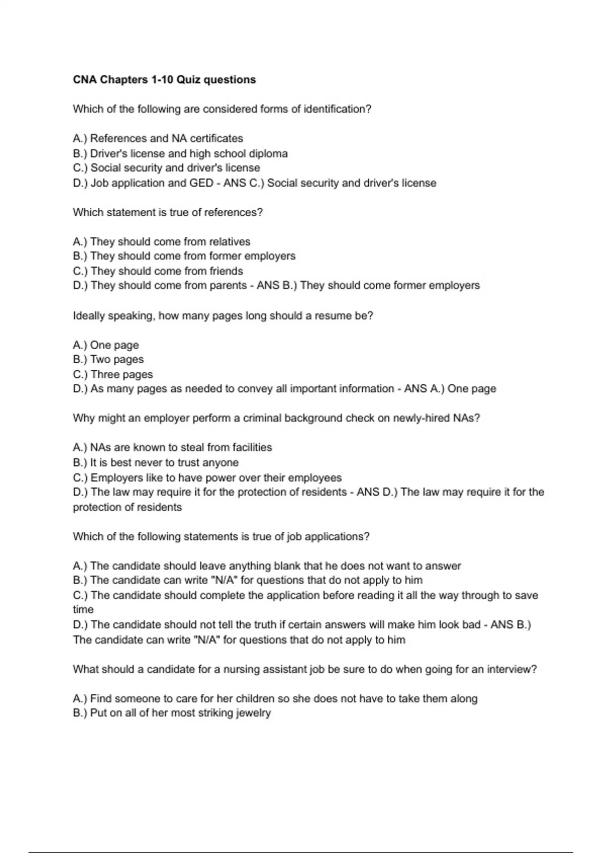 CNA Chapters 110 Quiz questions With Correct Answers CNA Certified