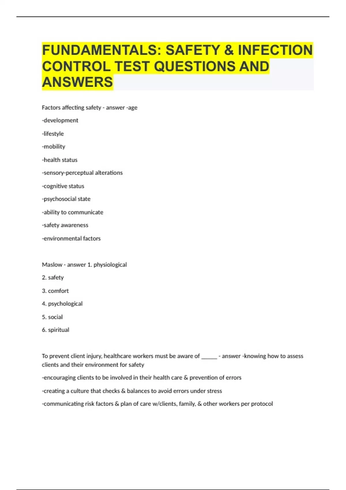 FUNDAMENTALS SAFETY & INFECTION CONTROL TEST QUESTIONS AND ANSWERS ...