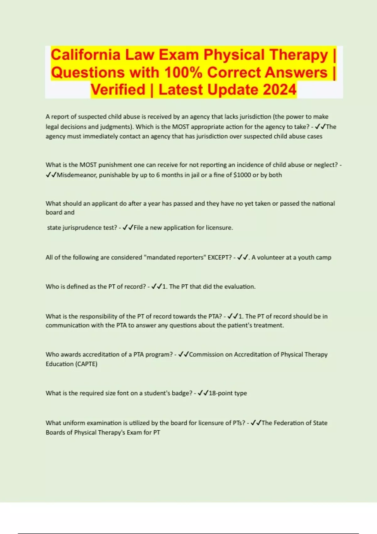 California Law Exam Physical Therapy Questions with 100 Correct