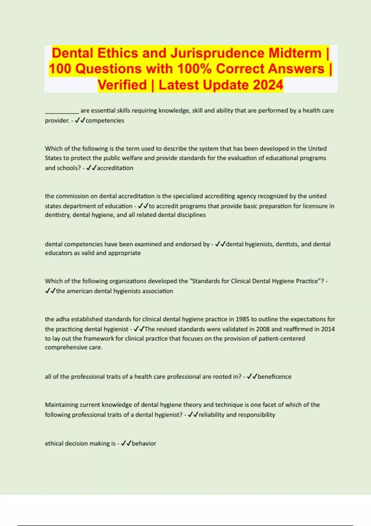 Dental Ethics and Jurisprudence Midterm 100 Questions with 100 Correct Answers Verified