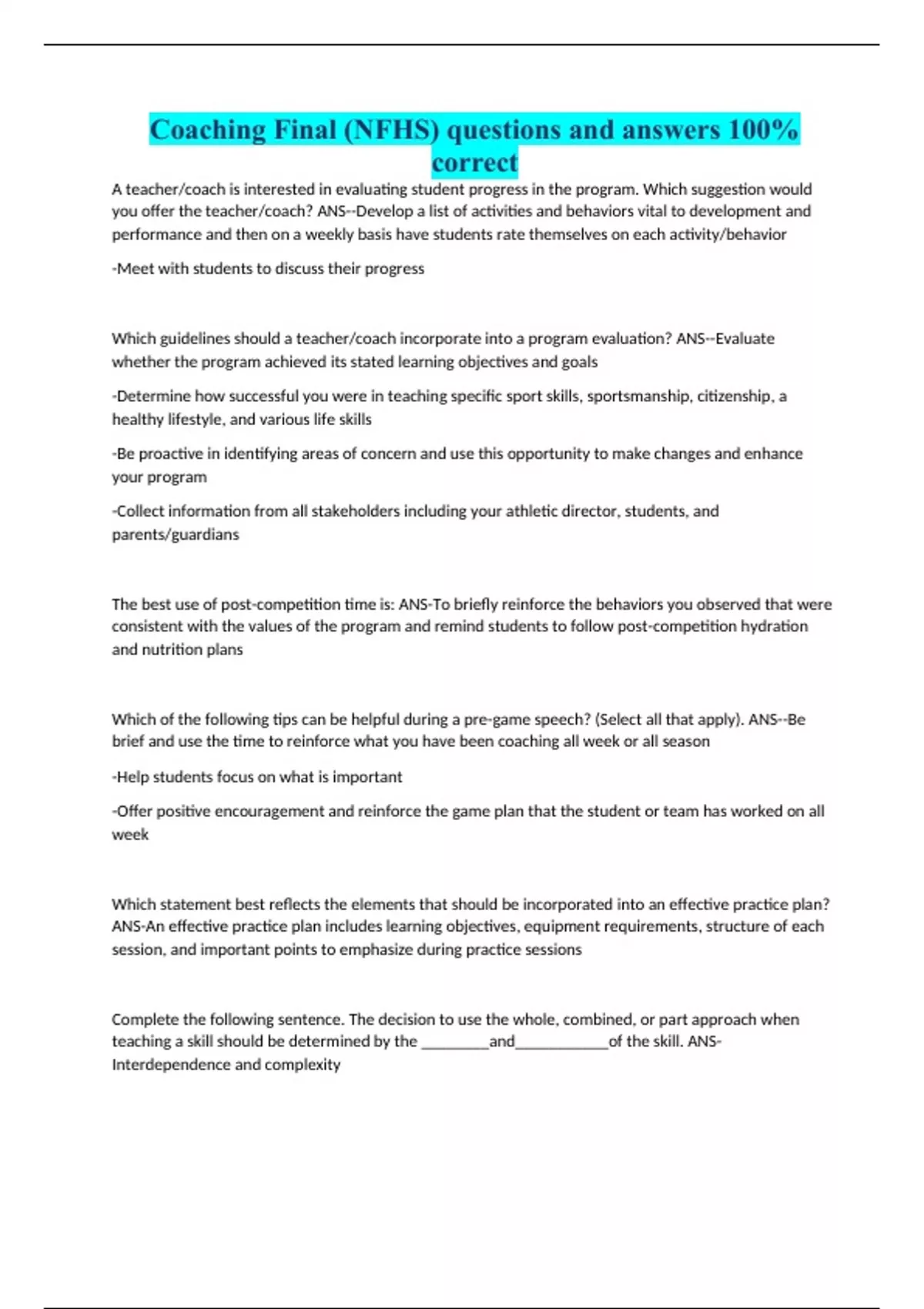 NFHS First Aid, Health and Safety questions and answers 2023 Nfhs