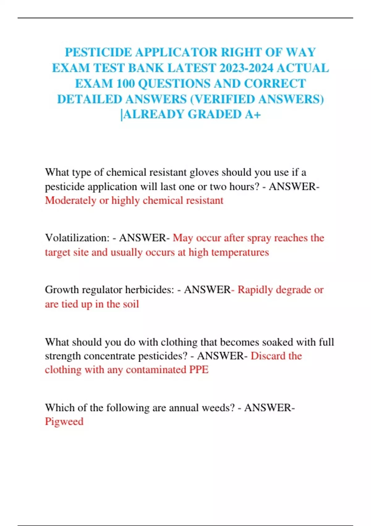 PESTICIDE APPLICATOR RIGHT OF WAY EXAM TEST BANK LATEST ACTUAL EXAM 100