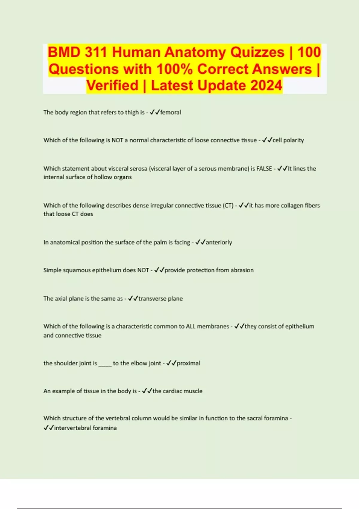 BMD 311 Human Anatomy Quizzes 100 Questions with 100 Correct Answers Verified Latest