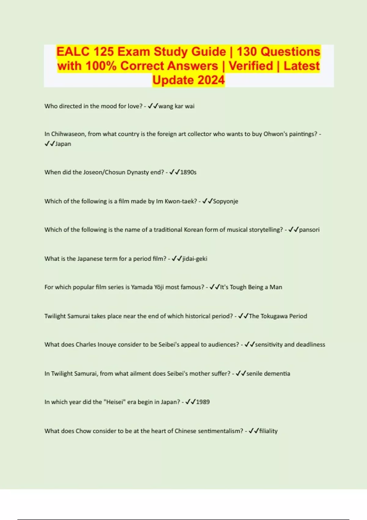 EALC 125 Exam Study Guide | 130 Questions with 100% Correct Answers ...